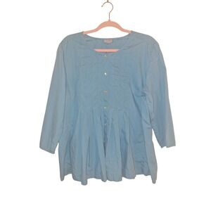J Jill Size Large Pleated Cotton Blue Button Up Cottagecore Peasant Blouse Top